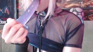 Blonde Tranny Sucks Dildo On Cam