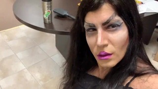 Chrissy Crossdresser Shemale Tranny Practicing Riding Dick Witha Long Dildo