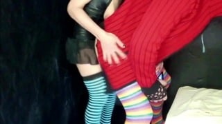 Crossdresser and brunette, strap-on and ejaculation on the buttocks