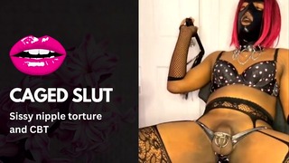 Chastity Caged Sissy Slut in Lingerie Punished CBT and Nipples