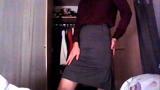 Sexy crossdresser secretary ejaculating just for you in silk and skirt