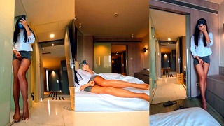 Chinese ladyboy opened the door and masturbated during the peak check-out period of the hotel