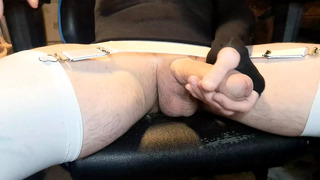Sissy amateur exhibitionnist shows his big cock on webcam garter belt with white stockings and heel crossedressers