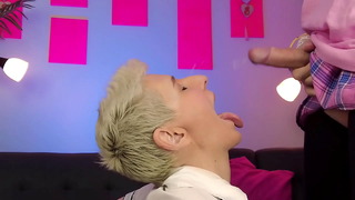 Girl lick chastity femboy balls and sniffs his balls before epic facial