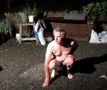 sissy neil squats to piss outside his house