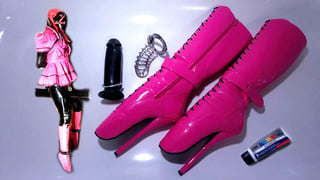 Self Bondage Pain Predicament – Sissy Maid Spiked Chastity Huge Dildo Ballet Boots