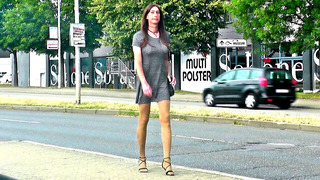 Crossdresser in very short dresses & skirts outside