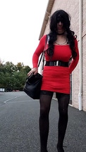 DeeDeeSlut Red Dress Outside Walk