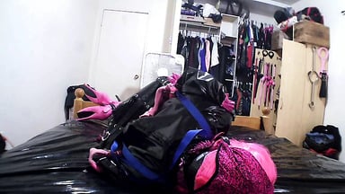 Sissy Maid in self bondage armbinder hogtie