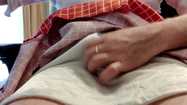 Jerking off in nylon panties while wearing my wife’s dress