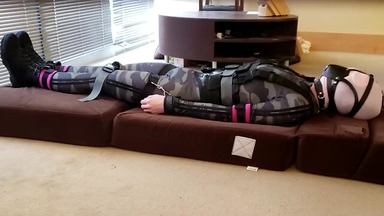 CD in Camouflage Catsuit Struggling in Self-Bondage