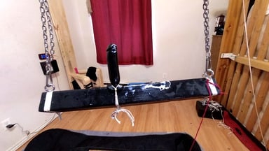 Sissy Maid Stuck on Huge Dildo on the Wooden Pony…